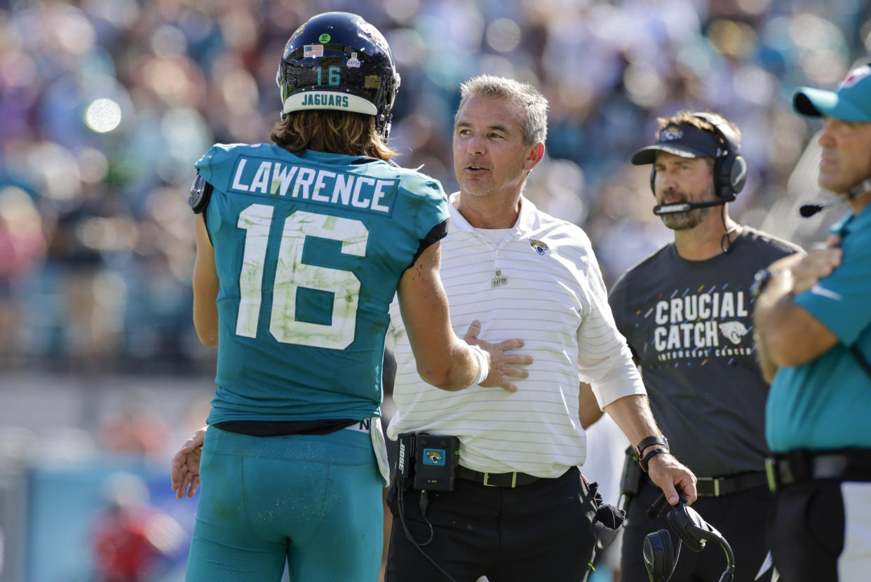 Jaguars head coach Urban Meyer and Jaguars quarterback Trevor Lawrence.