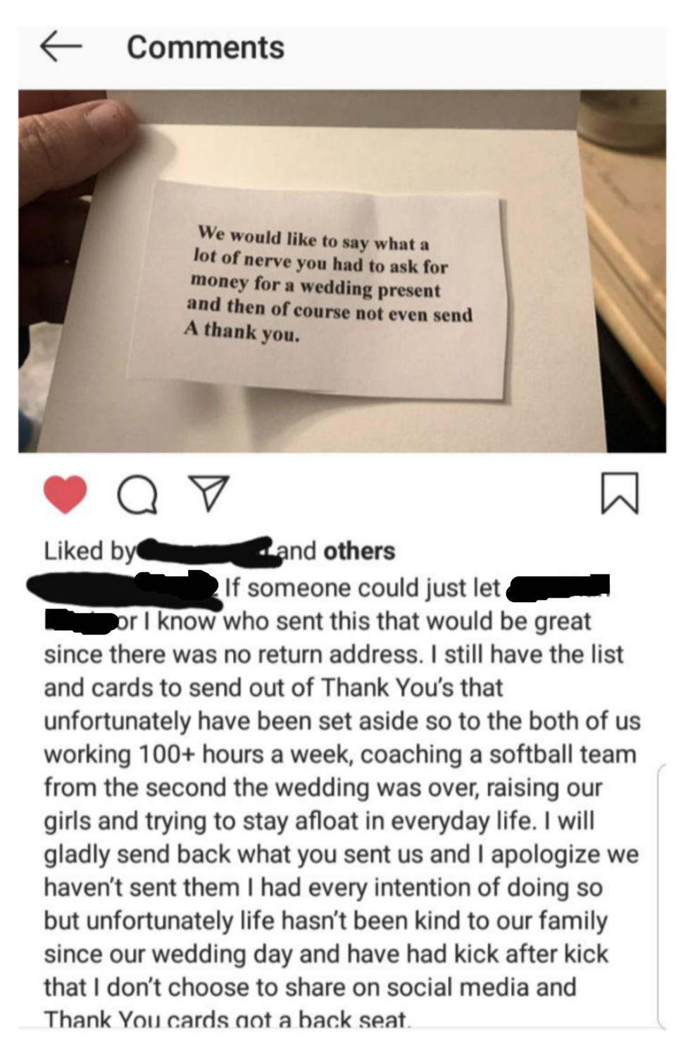 note saying they're upset they sent a wedding gift and didnt get a thank you note