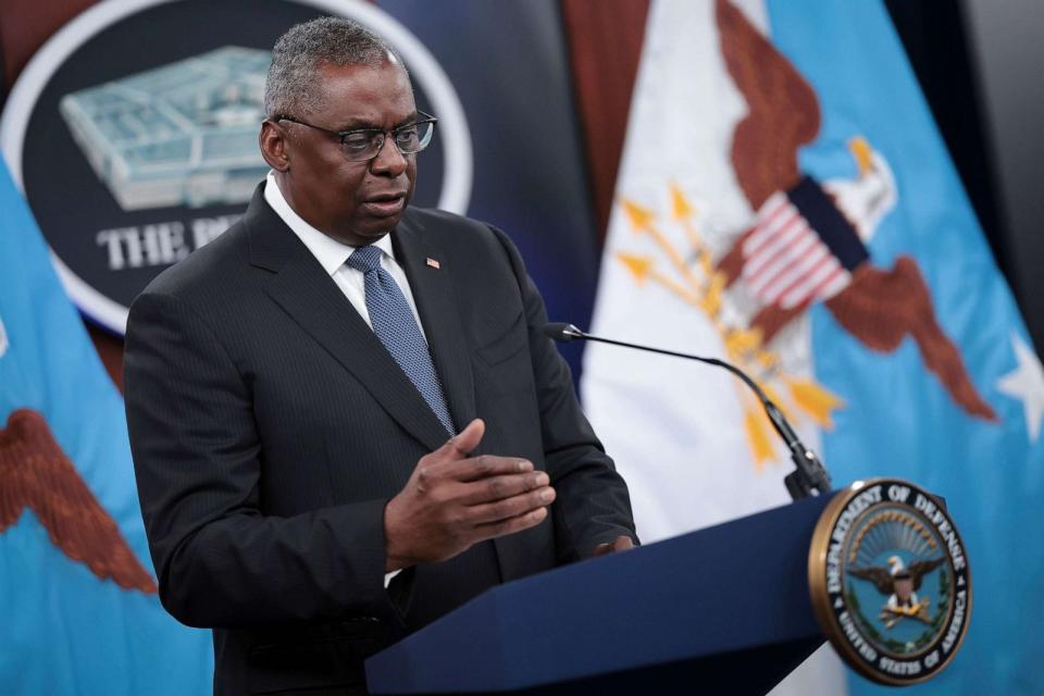 PHOTO: U.S. Secretary of Defense Lloyd Austin answers questions during a press briefing after participating in a virtual meeting of the Ukraine Defense Contact Group on July 18, 2023 at the Pentagon in Arlington, Va. (Win Mcnamee/Getty Images)