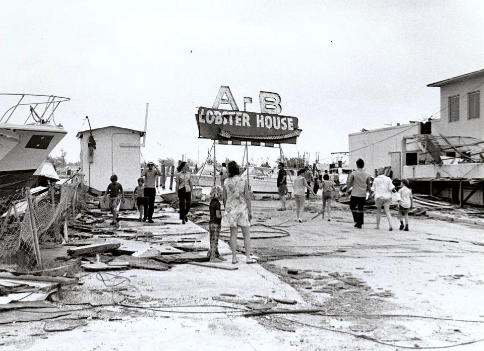 The damage caused at the Key West bight end of Front Street by a tornado during Hurricane Agnes on June 18, 1972. From the Ida Woodward Barron Collection.