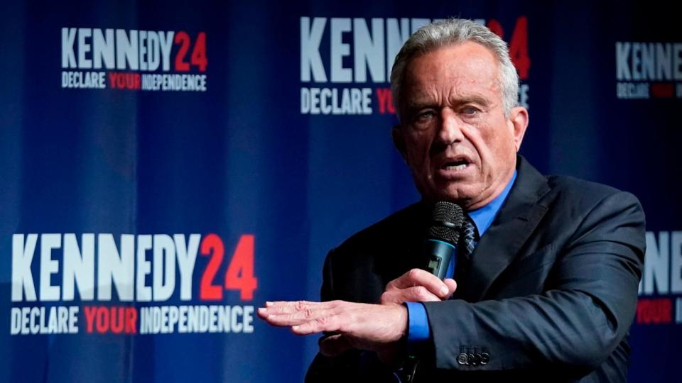 PHOTO: Presidential candidate Robert F. Kennedy Jr., speaks during a campaign event at the Adrienne Arsht Center for the Performing Arts of Miami-Dade County, Oct. 12, 2023, in Miami.  (Wilfredo Lee/AP)