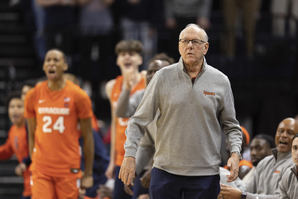 Syracuse head coach Jim Boeheim looks on during the first half of an NCAA college basketball game against Virginia in Charlottesville, Va., Saturday, Jan. 7, 2023. (AP Photo/Mike Kropf)