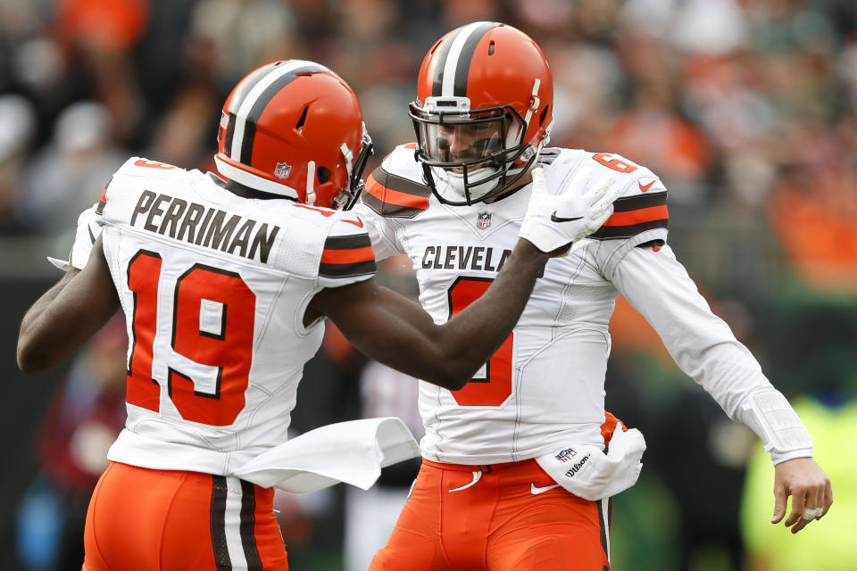 Cleveland Browns quarterback Baker Mayfield (6) and wide receiver Breshad Perriman (19) celebrate in the first half of an NFL football game against the Cincinnati Bengals, Sunday, Nov. 25, 2018, in Cincinnati. (AP Photo/Gary Landers)