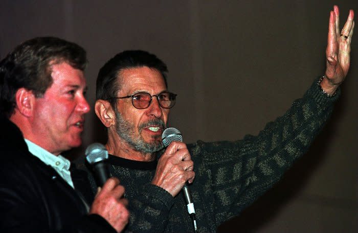 Leonard Nimoy (R) and William Shatner greet thousands of fans at a Star Trek Convention in the Vancouver Trade and Convention Center on January 26, 1997. File Photo by H. Ruckemann/UPI