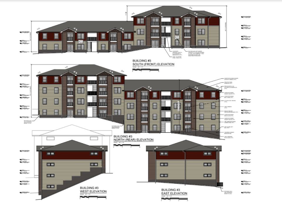 Elevations show plans for Fairhaven Summit, an apartment complex planned for Sweeten Creek Road, just south of its intersection with Mills Gap Road, with apartments planned for residents making 30-80% of the area median income.