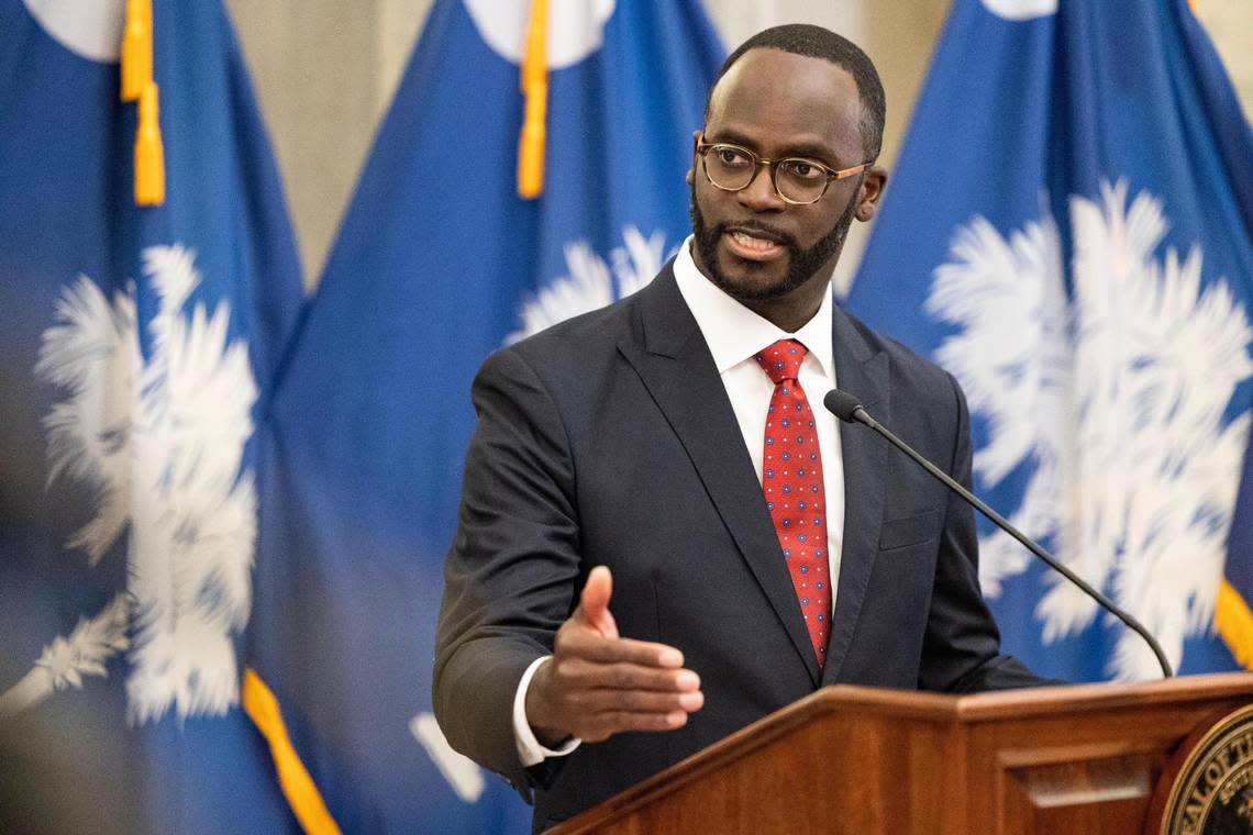 Brian Gaines is sworn in as South Carolina Comptroller General during a press conference at the South Carolina State House on Friday, May 11, 2023.