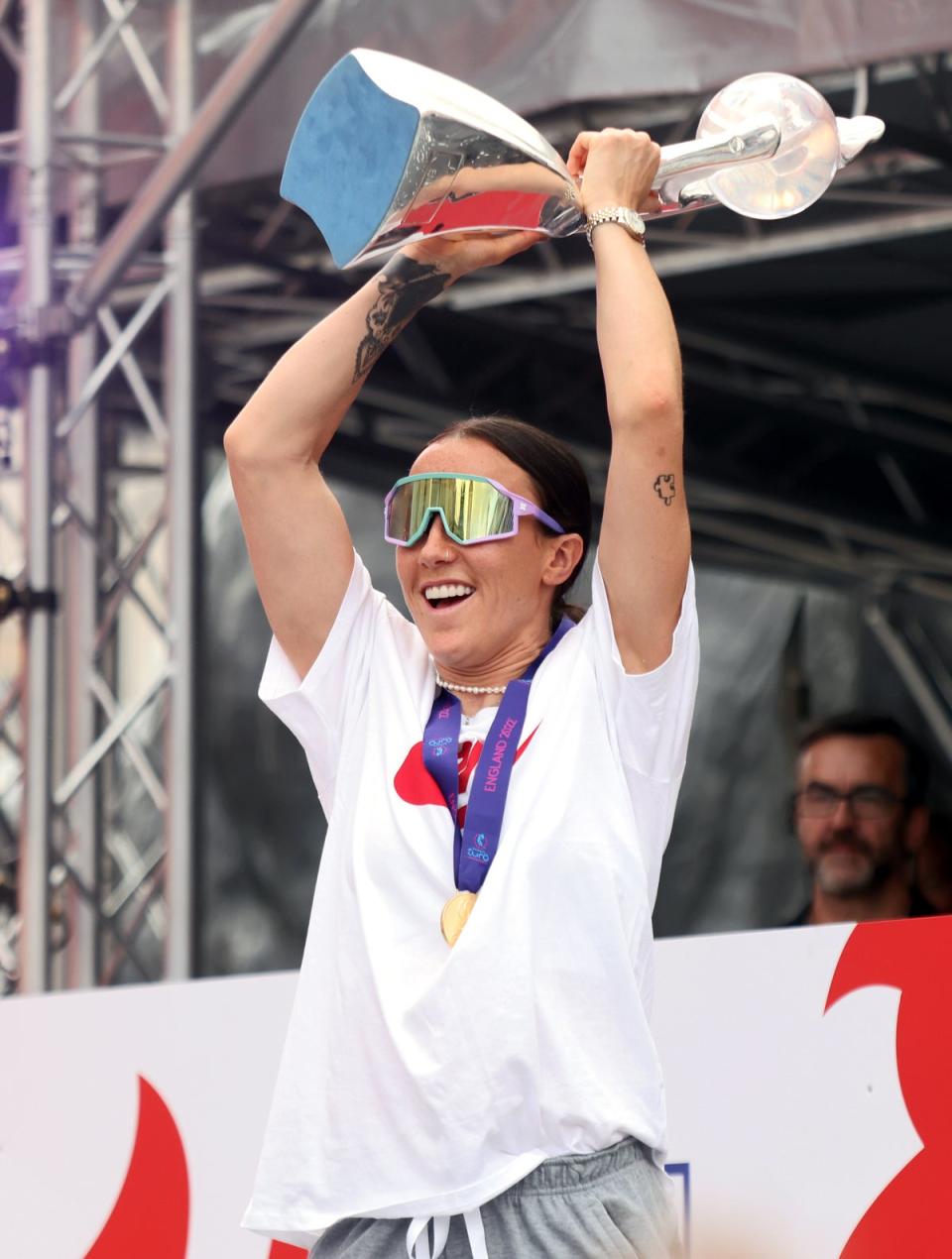 England’s Lucy Bronze with the Uefa Women’s Euro 2022 trophy (James Manning/PA) (PA Wire)