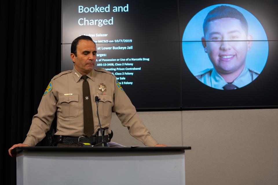 Maricopa County Sheriff Paul Penzone addresses the media at the Maricopa County Sheriff's Office Headquarters in Phoenix, on Wednesday, Jan. 11, 2023, after MCSO arrested a corrections officer on suspicion of attempting to smuggle drugs into Lower Buckeye Jail.