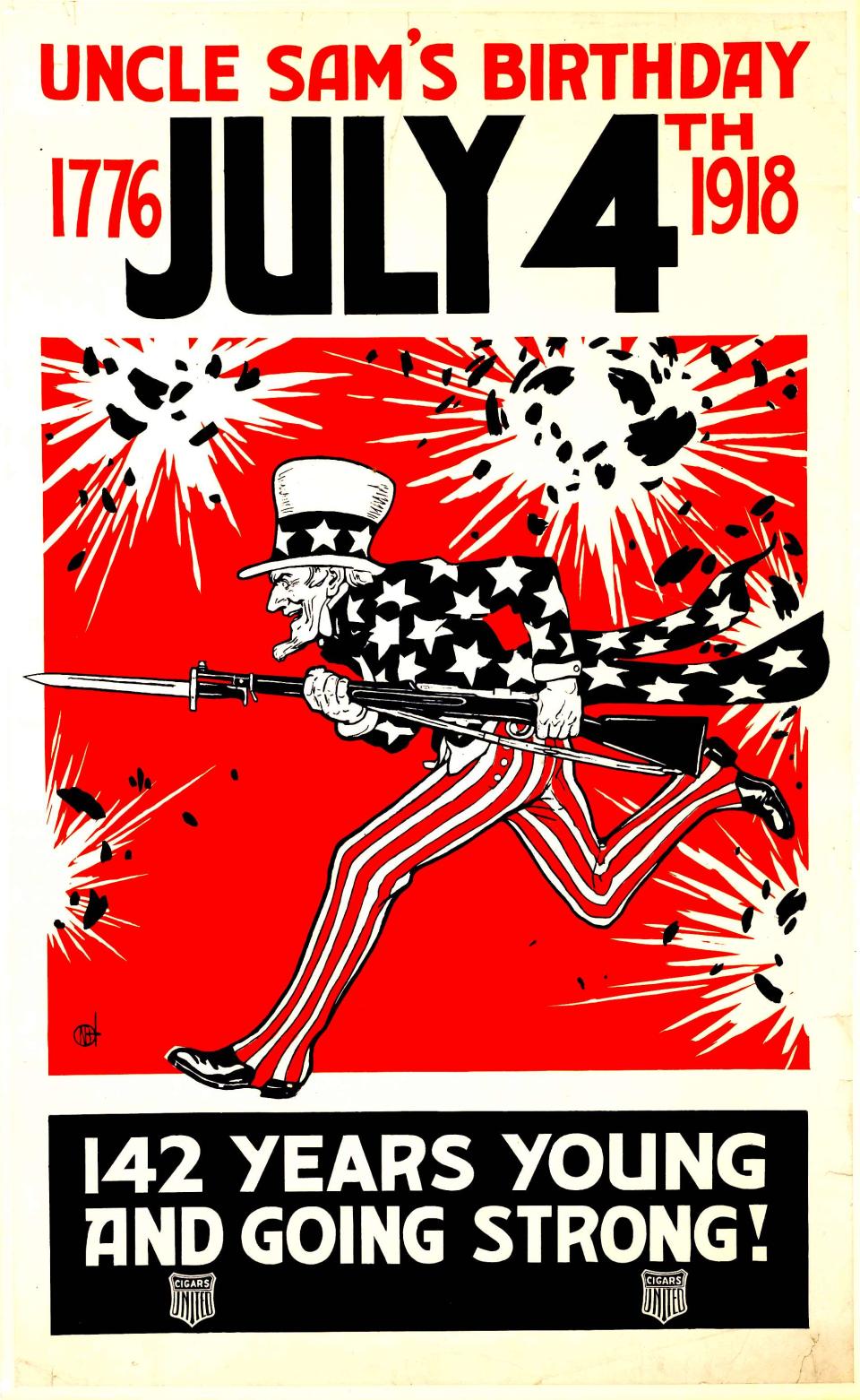 Although the Fourth of July is not really a military holiday, the two have been inextricably linked for some 247 years. This World War I poster shows a bayonet-wielding Uncle Sam charging through exploding shells.