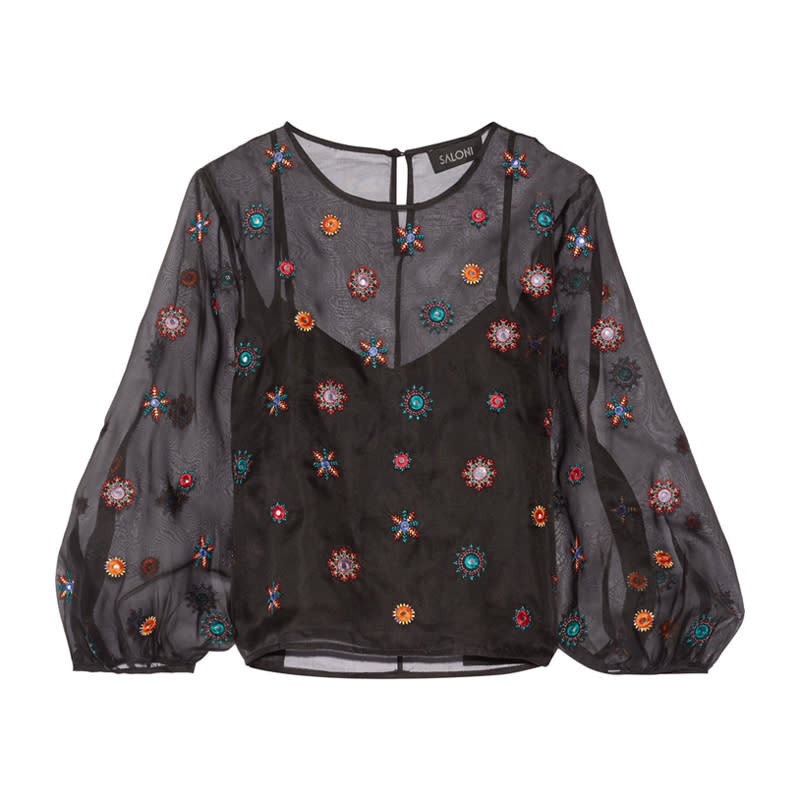 <a rel="nofollow noopener" href="http://rstyle.me/n/b3heuejduw" target="_blank" data-ylk="slk:Thea Embellished Silk-Organza Blouse, Saloni, $445;elm:context_link;itc:0;sec:content-canvas" class="link ">Thea Embellished Silk-Organza Blouse, Saloni, $445</a><ul> <strong>Related Articles</strong> <li><a rel="nofollow noopener" href="http://thezoereport.com/fashion/style-tips/box-of-style-ways-to-wear-cape-trend/?utm_source=yahoo&utm_medium=syndication" target="_blank" data-ylk="slk:The Key Styling Piece Your Wardrobe Needs;elm:context_link;itc:0;sec:content-canvas" class="link ">The Key Styling Piece Your Wardrobe Needs</a></li><li><a rel="nofollow noopener" href="http://thezoereport.com/beauty/celebrity-beauty/lena-dunham-cutting-own-hair/?utm_source=yahoo&utm_medium=syndication" target="_blank" data-ylk="slk:Lena Dunham Thinks Everyone Should Try Cutting Their Own Hair;elm:context_link;itc:0;sec:content-canvas" class="link ">Lena Dunham Thinks Everyone Should Try Cutting Their Own Hair</a></li><li><a rel="nofollow noopener" href="http://thezoereport.com/entertainment/celebrities/cara-delevingne-the-cara-project-documentary/?utm_source=yahoo&utm_medium=syndication" target="_blank" data-ylk="slk:Cara Delevingne Is The Leading Lady In A New Documentary;elm:context_link;itc:0;sec:content-canvas" class="link ">Cara Delevingne Is The Leading Lady In A New Documentary</a></li></ul>