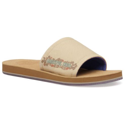 tan sanuk sandal with grateful dead floral logo