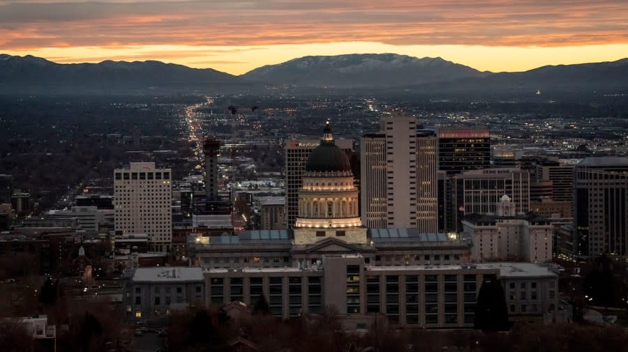 <em>The Utah State Capitol is illuminated against the setting sun in Salt Lake City on Nov. 15, 2020.</em> (AP Photo/Wong Maye-E)