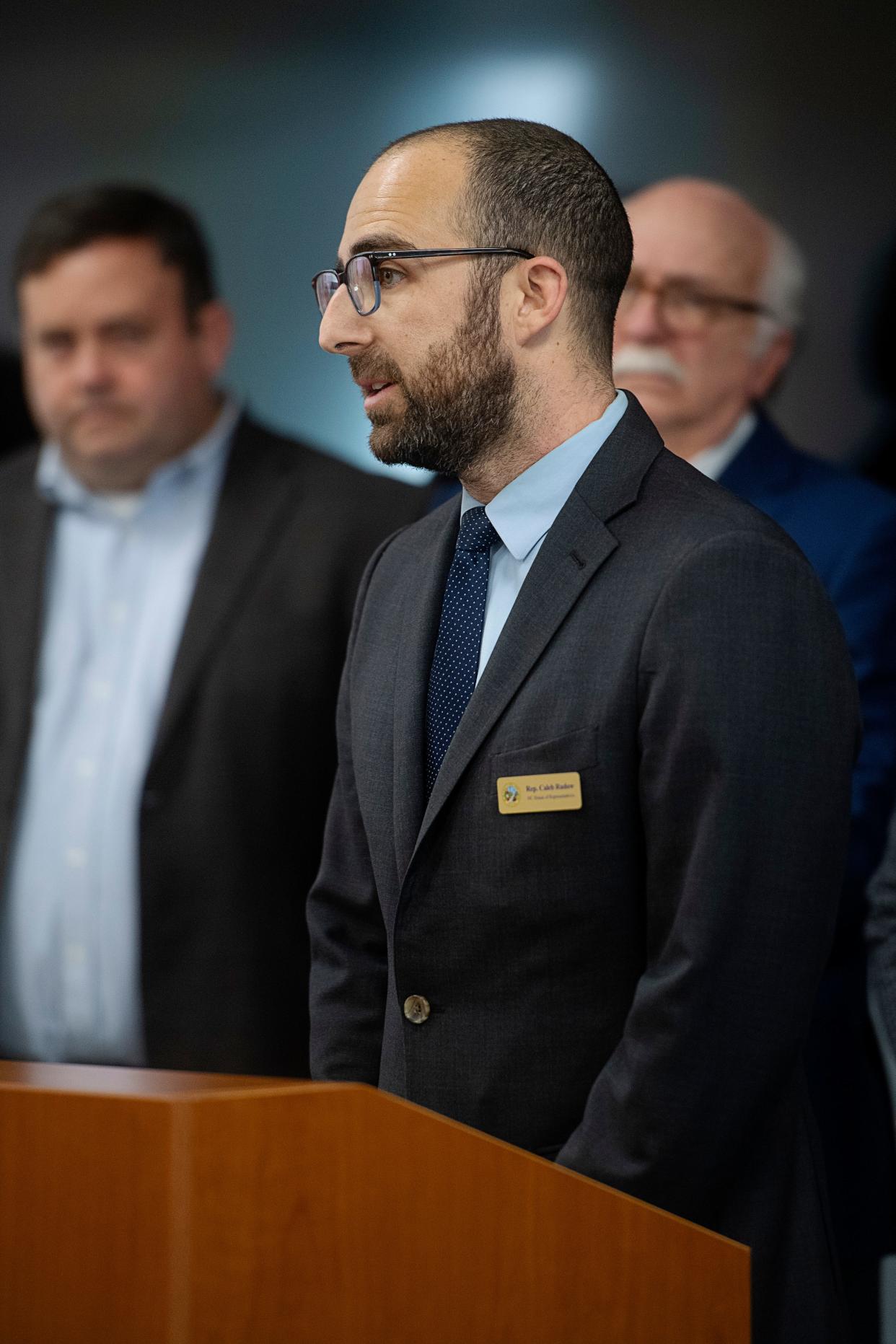 State Rep. Caleb Rudow speaks at a press conference in Asheville earlier this year. Rudow is running for the 11th District seat in Congress.