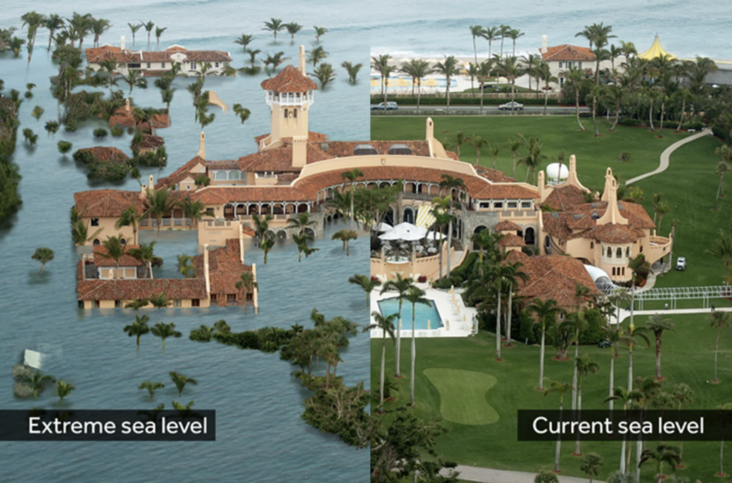 An artist’s impression of former president Donald Trump’s Mar-a-Lago by 2100 under the “doomsday scenario” of 10-foot sea level rise. Even in more conservative ranges, the private club is still impacted  (NicolayLamm/ClimateCentral)