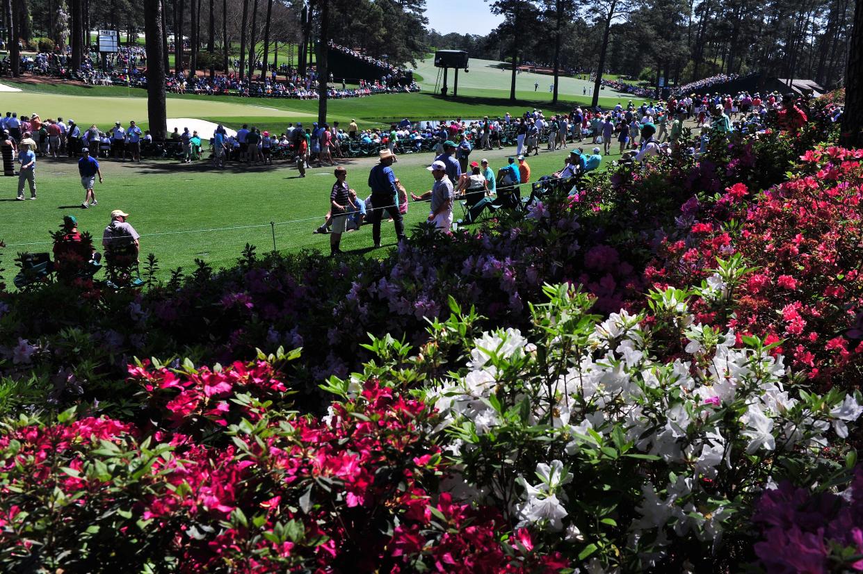 FILE - Patrons walk along azaleas near the 6th and 16th greens during the third round of the 2013 Masters Tournament at Augusta National Golf Club on Saturday, April 13, 2013, in Augusta, Ga.