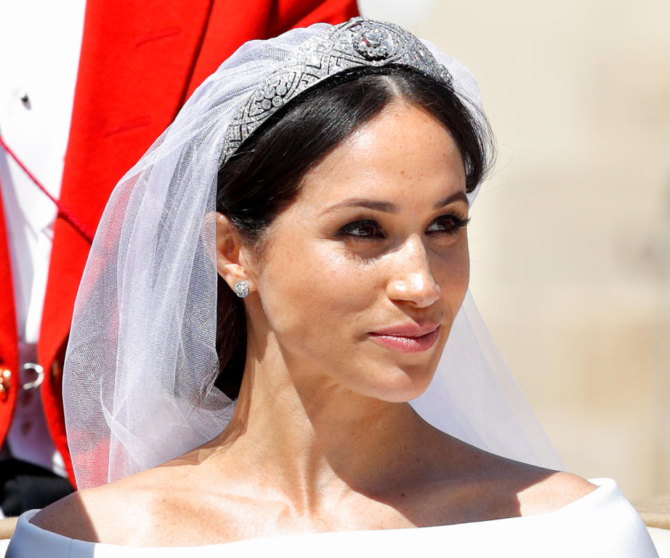 Meghan Markle wore Queen Mary’s diamond bandeau tiara on her wedding day. Photo: Getty