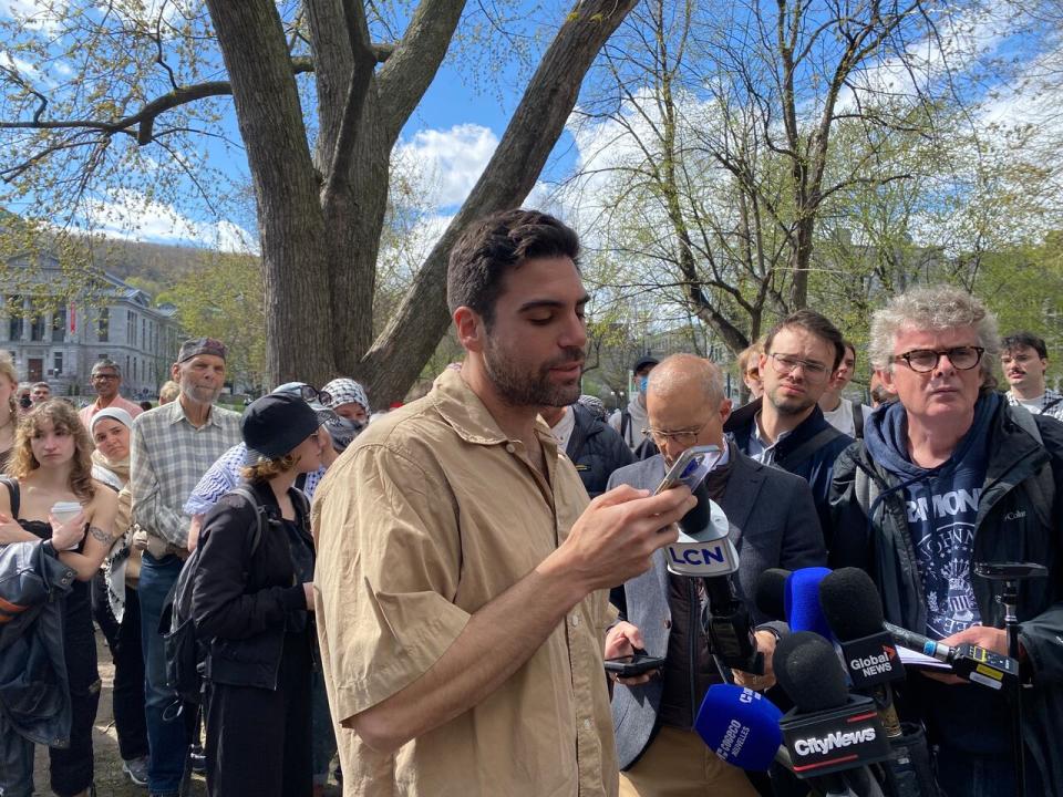 Daniel Schwartz, an assistant professor at McGill's Faculty of Languages, Literatures and Cultures, said he and other university professors stand with the student protesters at the encampment. 
