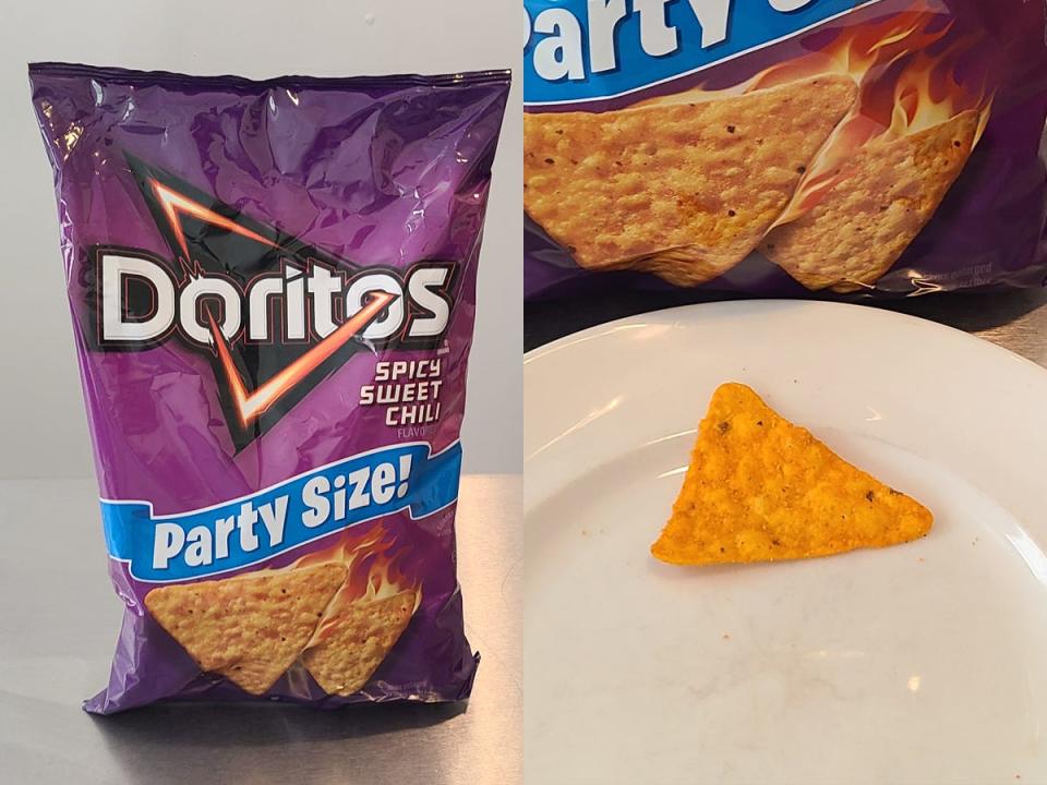 bag of sweet spicy chili doritos and a closeup shot of the chip