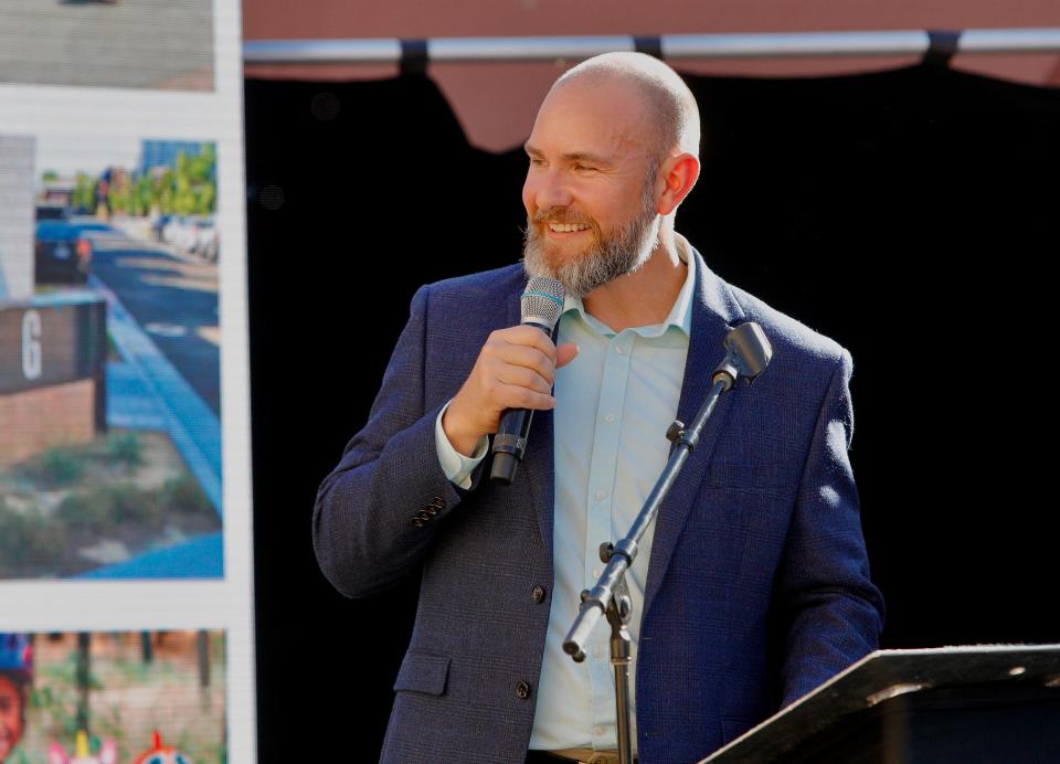 Redding Chamber of Commerce President and CEO Jake Mangas introduces Todd Jones, president of the Economic Development Corp. of Shasta County, during the State of the City presentation on Friday, Sept. 23, 2022.