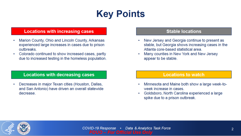 Key Points: Locations with increasing cases  Stable locations  Locations with decreasing cases  Locations to watch