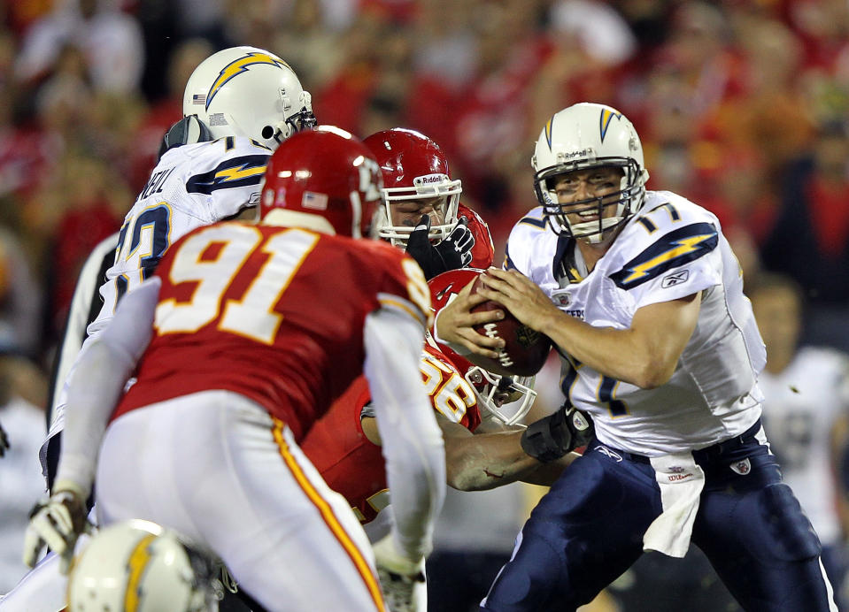 KANSAS CITY, MO - OCTOBER 31: Quarterback Philip Rivers #17 of the San Diego Chargers is sacked during the game against the Kansas City Chiefs on October 31, 2011 at Arrowhead Stadium in Kansas City, Missouri. (Photo by Jamie Squire/Getty Images)