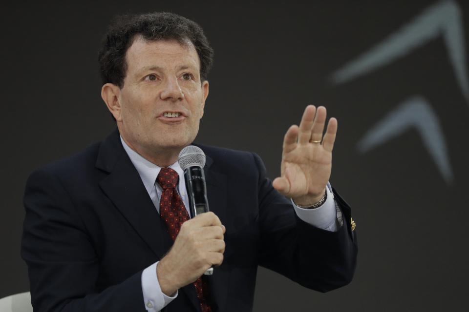 Journalist Nicholas Kristof speaks during the Goalkeepers Conference, Wednesday, Sept. 20, 2017, in New York. (AP Photo/Julio Cortez)