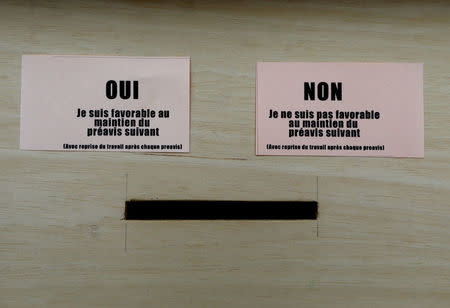 Ballots which read, "Yes, I want to continue the strike" (L) and "No, I don't want continue the strike" are displayed before railway workers vote about the strike at Nice railway station on the second day of a nationwide strike by French SNCF railway workers in Nice, France, April 4, 2018. REUTERS/Eric Gaillard