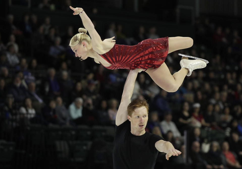 Evgenia Tarasova and Vladimir Morozov, of Russia, perform during the pairs short program at Skate America, Friday, Oct. 19, 2018, in Everett, Wash. (AP Photo/Ted S. Warren)