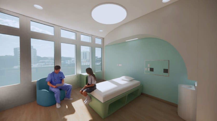 A rendering released by Corewell Health shows a patient room in the pediatric medical psychiatric unit planned for Helen DeVos Children's Hospital in Grand Rapids.