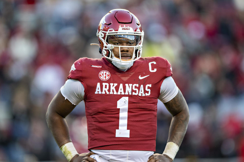 Quarterback KJ Jefferson helped lead Arkansas to a breakout 2021 season in which it finished 9-4. (Photo by Wesley Hitt/Getty Images)