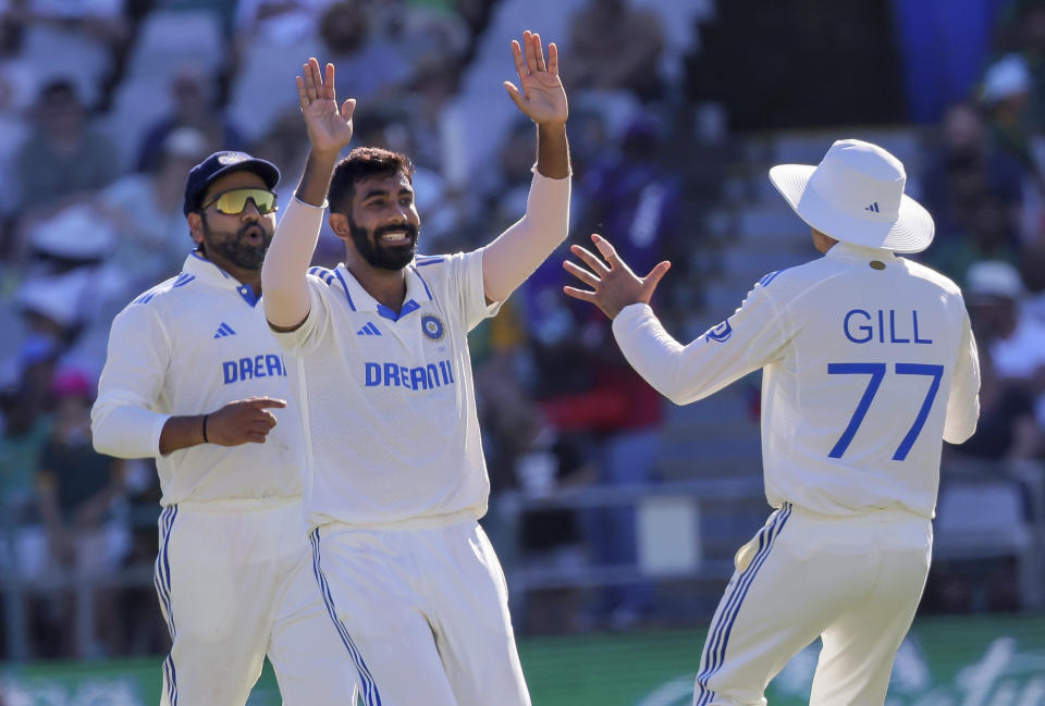 Indian bowler Jasprit Bumrah, second left, celebrates the wicket of South African batsman Tristan Stubbs during the second test match between South Africa and India in Cape Town, South Africa, Wednesday, Jan. 3, 2024. (AP Photo/Halden Krog)