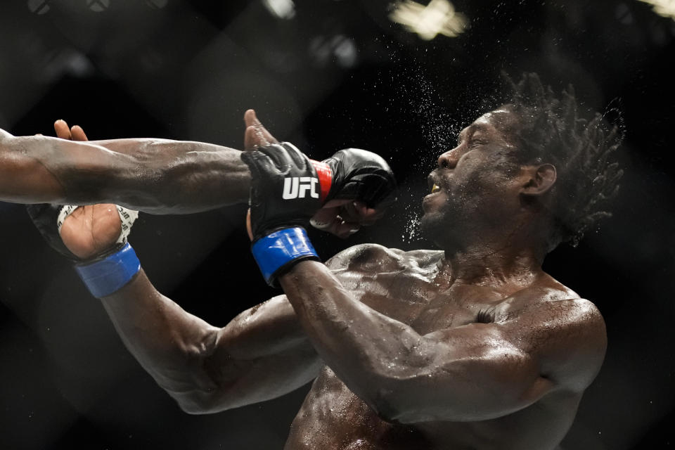 Jared Cannonier is hit by Israel Adesanya in a middleweight title bout during the UFC 276 mixed martial arts event Saturday, July 2, 2022, in Las Vegas. (AP Photo/John Locher)