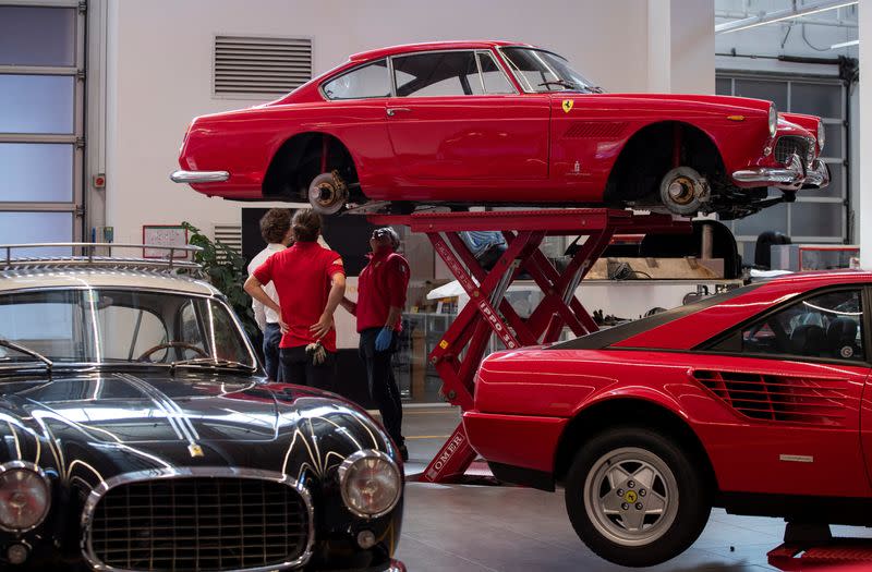 Ferrari Classiche cars are pictured in a garage at the Ferrari factory in Maranello