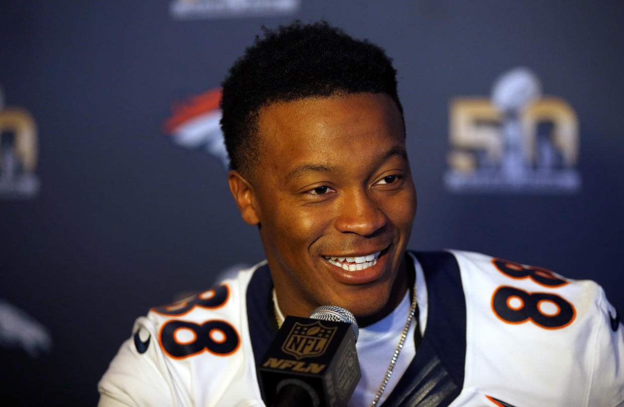 SANTA CLARA, CA - FEBRUARY 03:  Demaryius Thomas #88 of the Denver Broncos speaks to the media during the Broncos media availability for Super Bowl 50 at the Santa Clara Marriott on February 3, 2016 in Santa Clara, California. The Broncos will play the Carolina Panthers in Super Bowl 50 on February 7, 2016.  (Photo by Ezra Shaw/Getty Images)