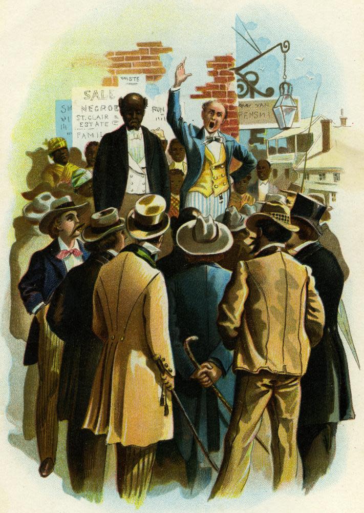 An 1875 illustration of an American slave auction