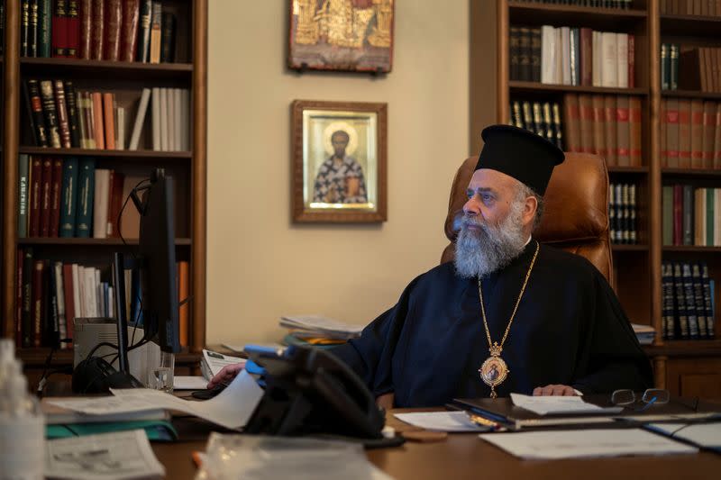 Metropolitan Timotheos of Thessaliotis and Fanariofersala is seen in his office during an interview with Reuters, in Karditsa