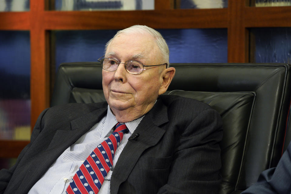 Berkshire Hathaway Vice Chairman Charlie Munger listens to a question during an interview in Omaha, Neb., Monday, May 7, 2018, with Liz Claman on Fox Business Network's 