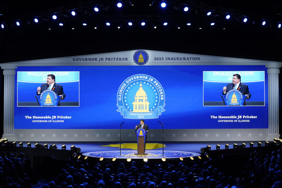 Illinois Gov. J.B. Pritzker delivers his inaugural address during ceremonies Monday, Jan. 9, 2023, in Springfield, Ill. (AP Photo/Charles Rex Arbogast)