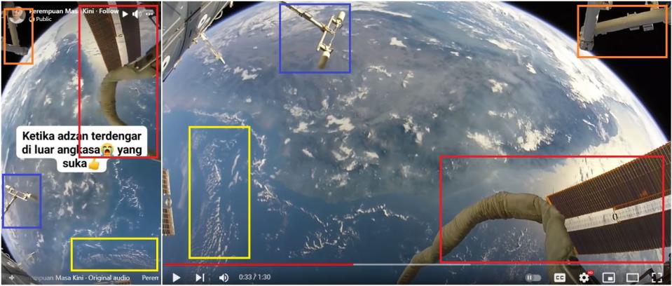 <span>Screenshot comparison of the video from the false post (left) and the original video from NASA (right)</span>