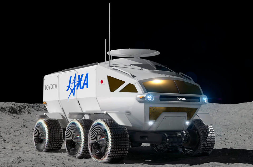 illustration of a large white six-wheeled rover on the surface of the moon