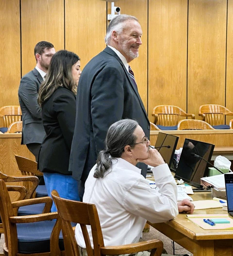 William Mark Crump, right, sits in 89th District Court Tuesday, Feb. 6, 2024, during his trial for aggravated sexual assault of a child. Wichita County Assistant Public Defender Marty Cannedy, second from right, talks to 89th District Judge Charles Barnard. Wichita County Assistant District Attorney Matt Shelton is to the far left, and Assistant DA Chelsea Carlton is standing second from left.