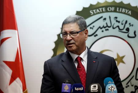 Tunisian Prime Minister Habib Essid delivers a speech during a joint news conference with Prime Minister of Libya's unity government Fayez Seraj (not pictured) in Tripoli, Libya, May 6, 2016. REUTERS/Ismail Zitouny