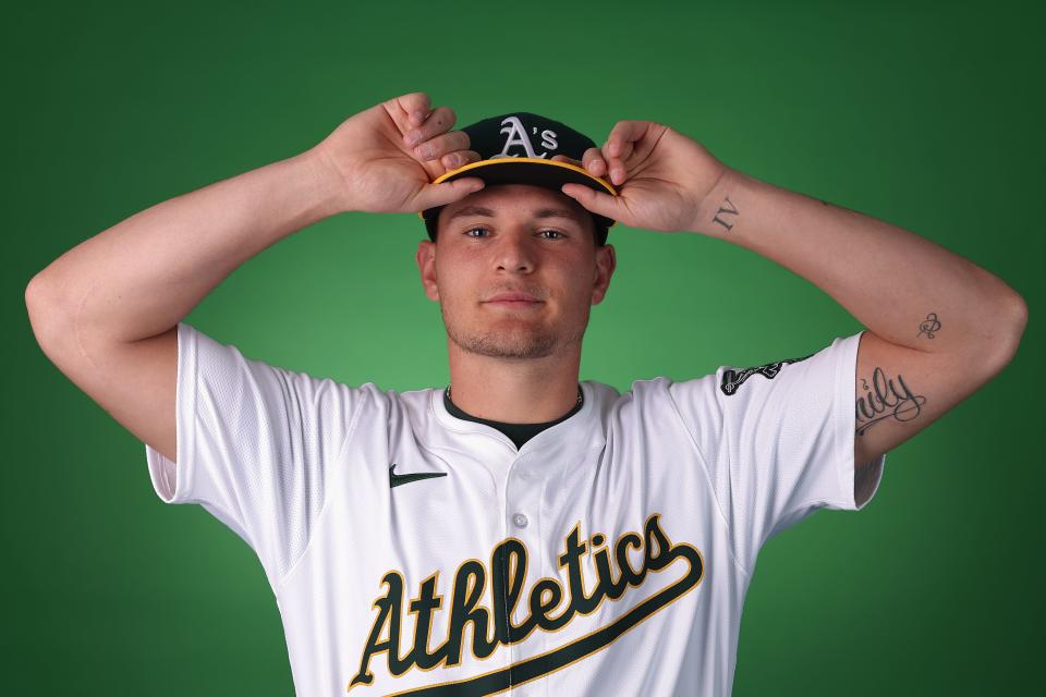 Billy Sullivan of the Oakland Athletics poses for a portrait during photo day at HoHoKam Stadium in Mesa, Arizona.