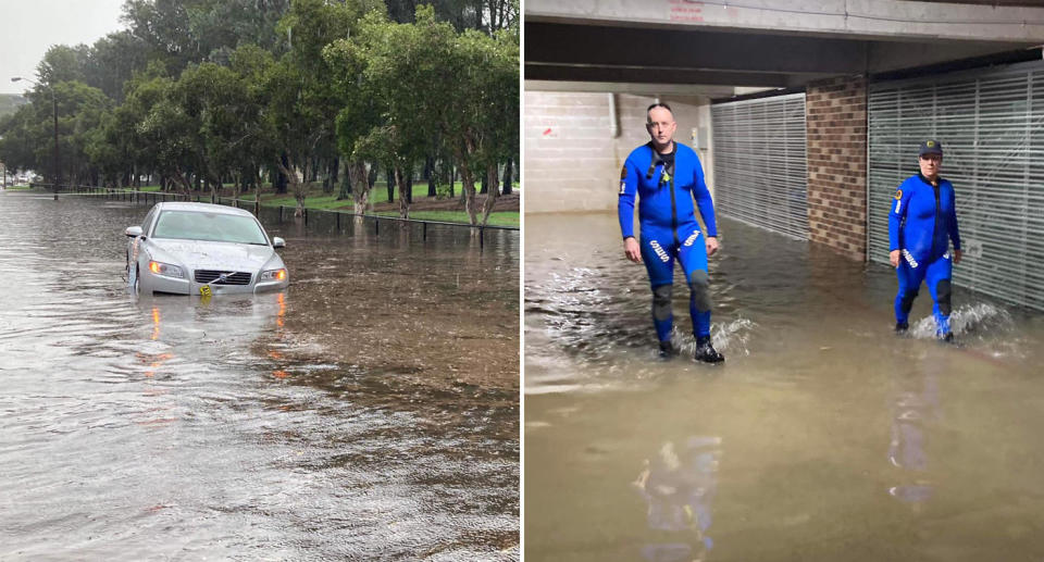 NSW SES workers are seen in floodwaters in Canterbury.