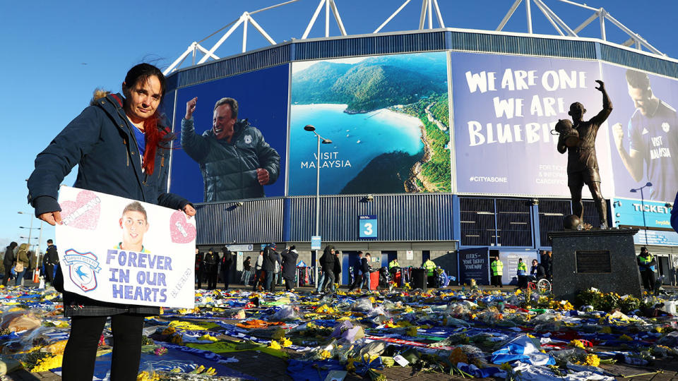 Tributes to Sala are bountiful outside Cardiff’s home ground. Pic: Getty