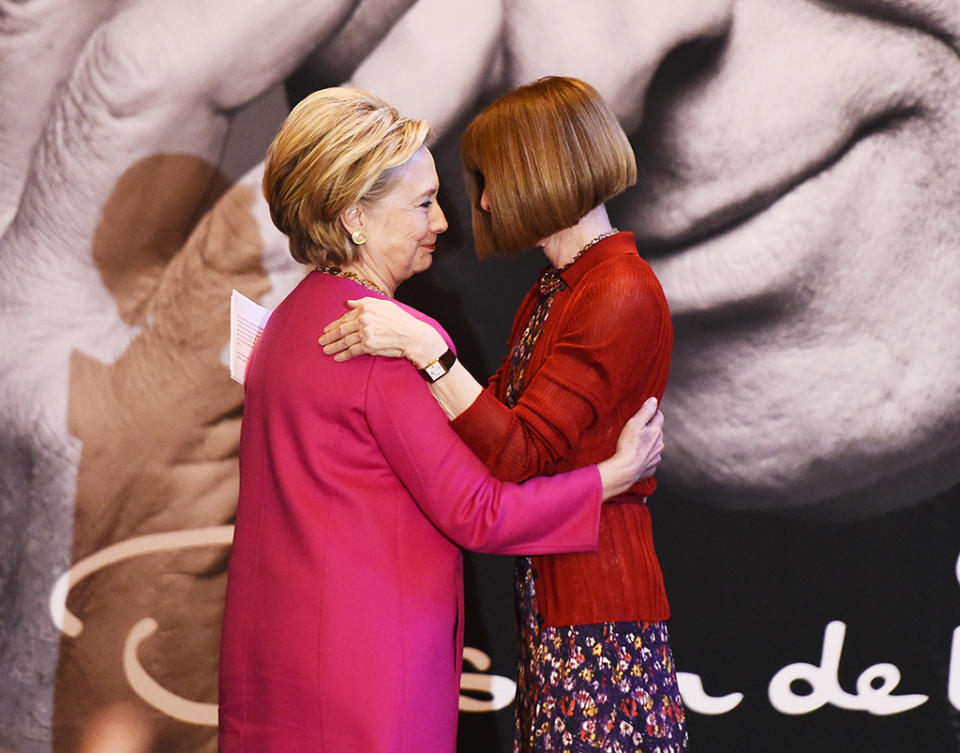 <p><em>Vogue</em> editor in chief Anna Wintour is very particular about what she likes and doesn’t like — it’s also literally her job to be that way — and she definitely likes Clinton. The two shared a hug in February as they unveiled a collection of U.S. postage stamps designed by Oscar de la Renta. (Photo: Nicholas Hunt/Getty Images) </p>