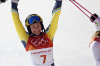 <p>Frida Hansdotter of Sweden wins the gold medal during the Alpine Skiing Women’s Slalom. Wendy Holdener of Switzerland won the silver, while Katharina Gallhuber of Austria took bronze. (Getty) </p>