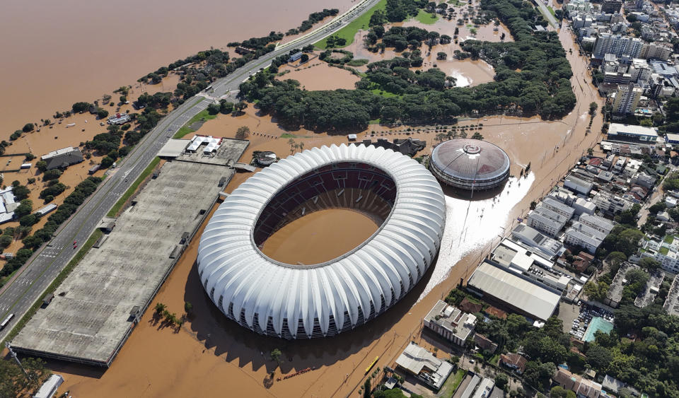 Beira Rio stadium is flooded after heavy rain in Porto Alegre, Rio Grande do Sul state, Brazil, Tuesday, May 7, 2024. (AP Photo/Carlos Macedo)
