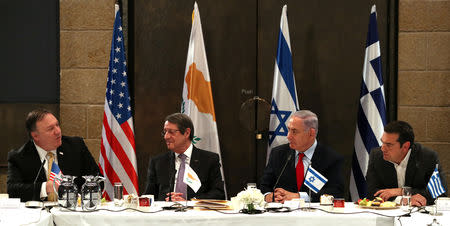 Israeli Prime Minister Benjamin Netanyahu, U.S. Secretary of State Mike Pompeo, Greek Prime Minister Alexis Tsipras and Cypriot President Nicos Anastasiades chat during their meeting in Jerusalem March 20, 2019. REUTERS/Ammar Awad