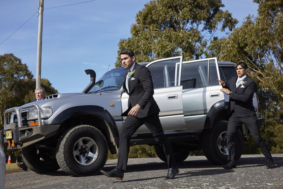 Tane, Cash and Gary getting out of a car in Home and Away